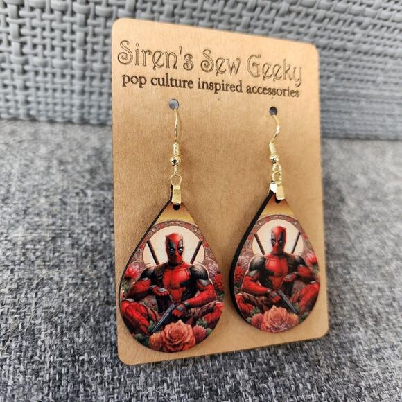 Deadpool Floral Teardrop Marvel Earrings - Picture 2 of 3